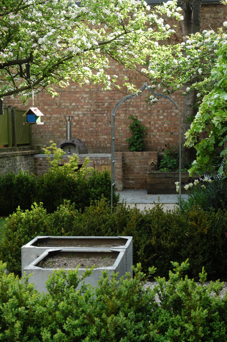 Lines of box hedge divide the garden